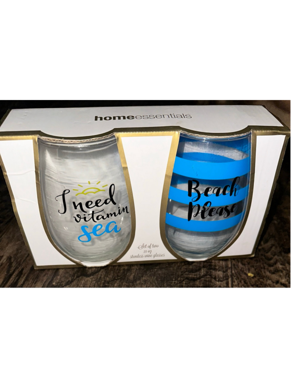 Home Essentials Set of 2 Beach Themed Stemless Wine Glasses, One Size, Clear/Blu